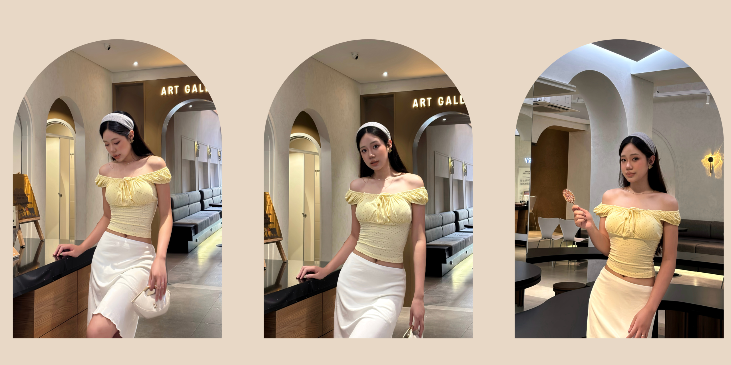 Kết hợp chân váy chữ A với áo trễ vai